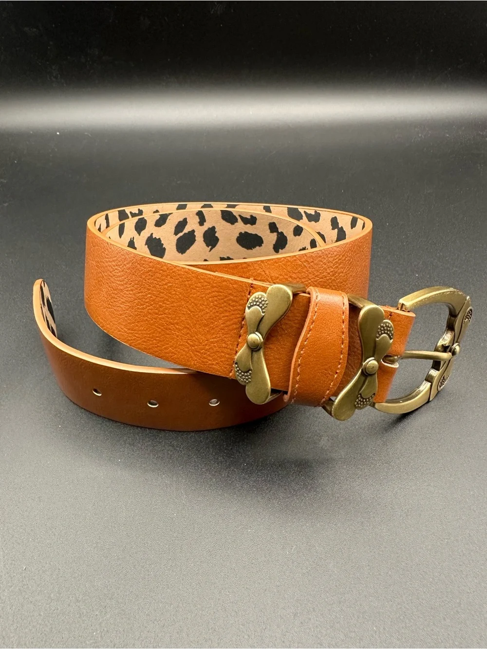Betsey Johnson Vintage Cognac Leather Belt –Brass Buckle, Size M-Like New Cond